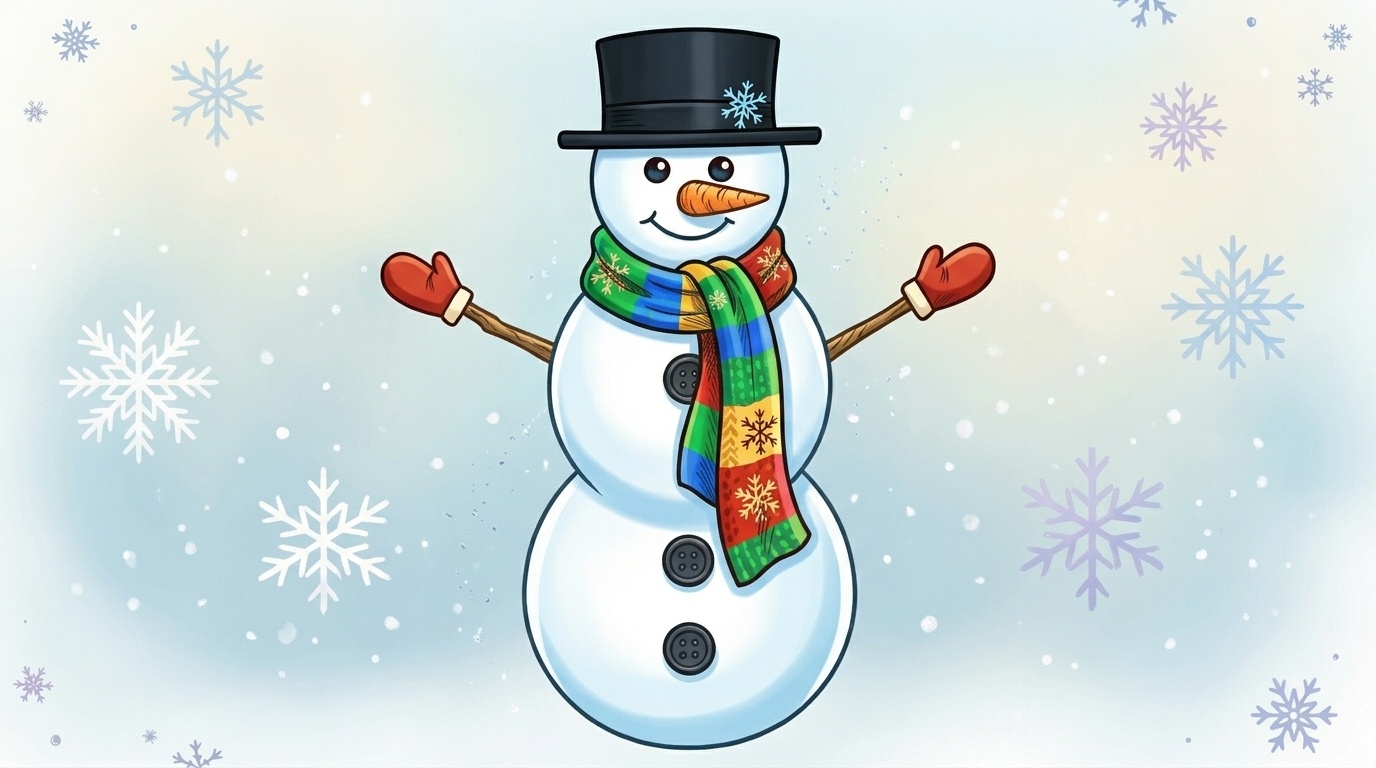 Finished colored Frosty the Snowman with hat, scarf, and carrot nose in a winter scene