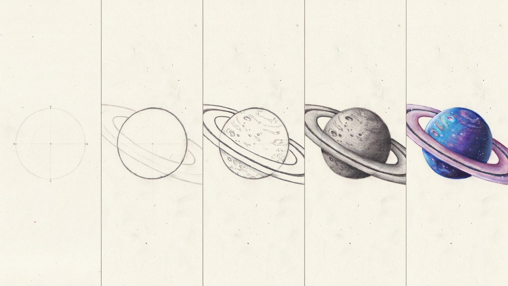A five-panel step-by-step drawing tutorial showing a simple planet progressing from a basic circle sketch to a fully colored ringed planet with craters, shading, and glowing space effects.