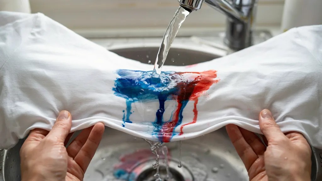 Fresh acrylic paint stain being rinsed from fabric under cold water before it dries.