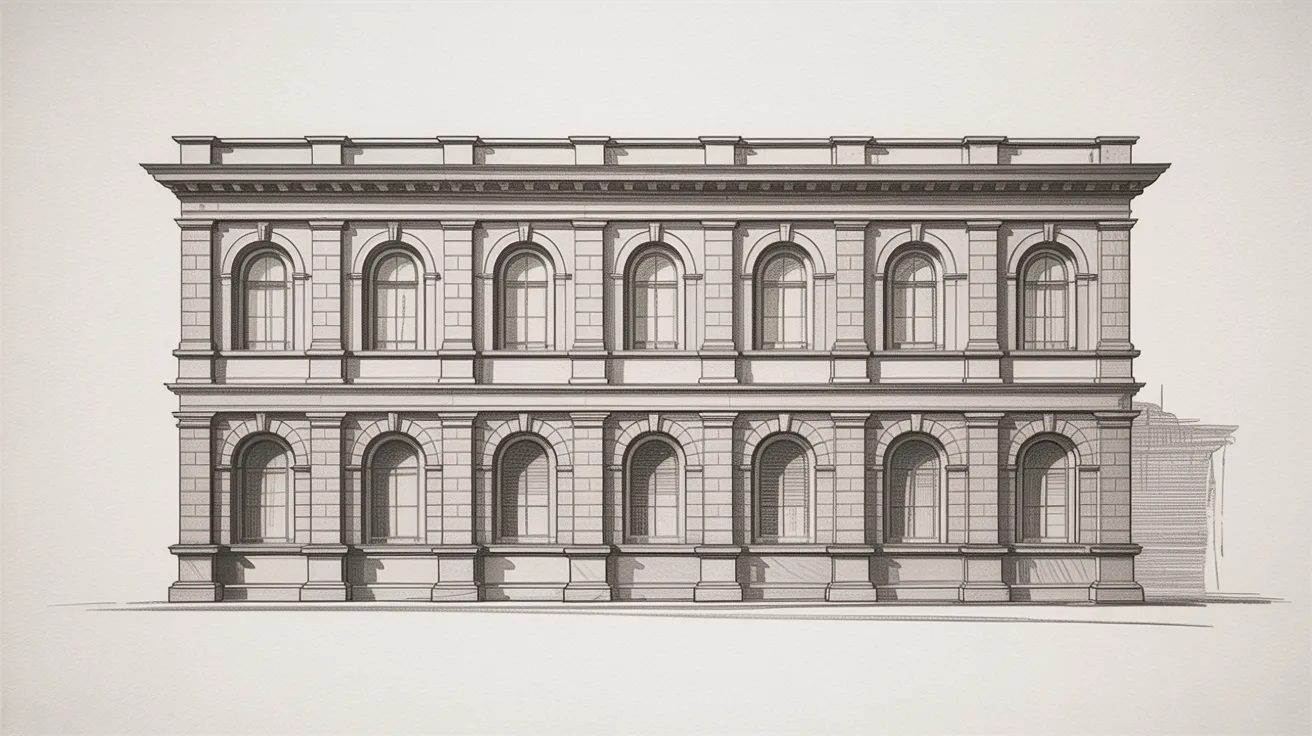 Renaissance-style architectural sketch of classical multi-story building with arches, columns, and symmetrical façade detailing.