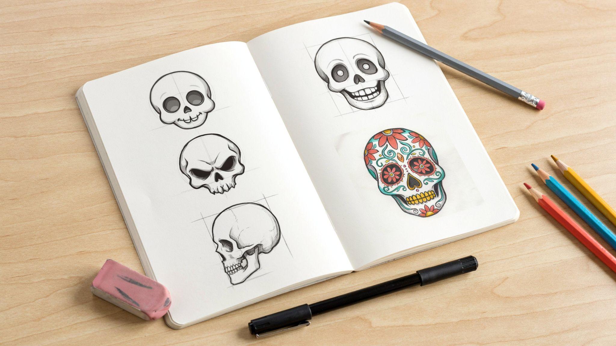 Sketchbook opens with five skull styles, cute, angry, side view, cartoon, and colorful sugar skull.