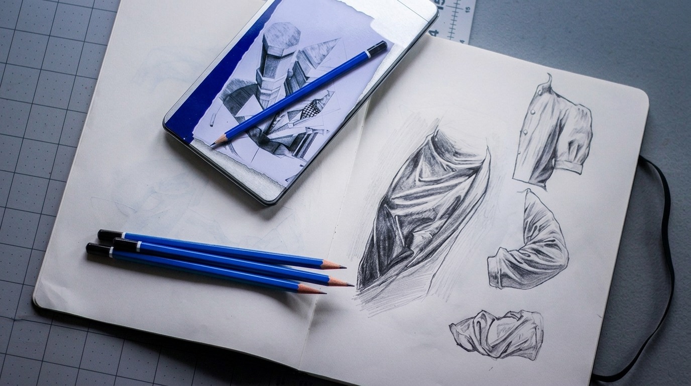 picture showing sketch pencils and paper.