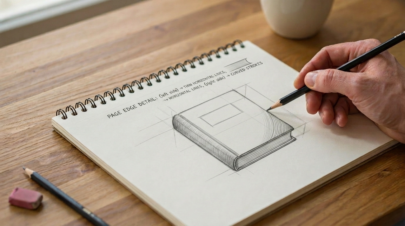Book sketch with page edges drawn using thin horizontal curved lines