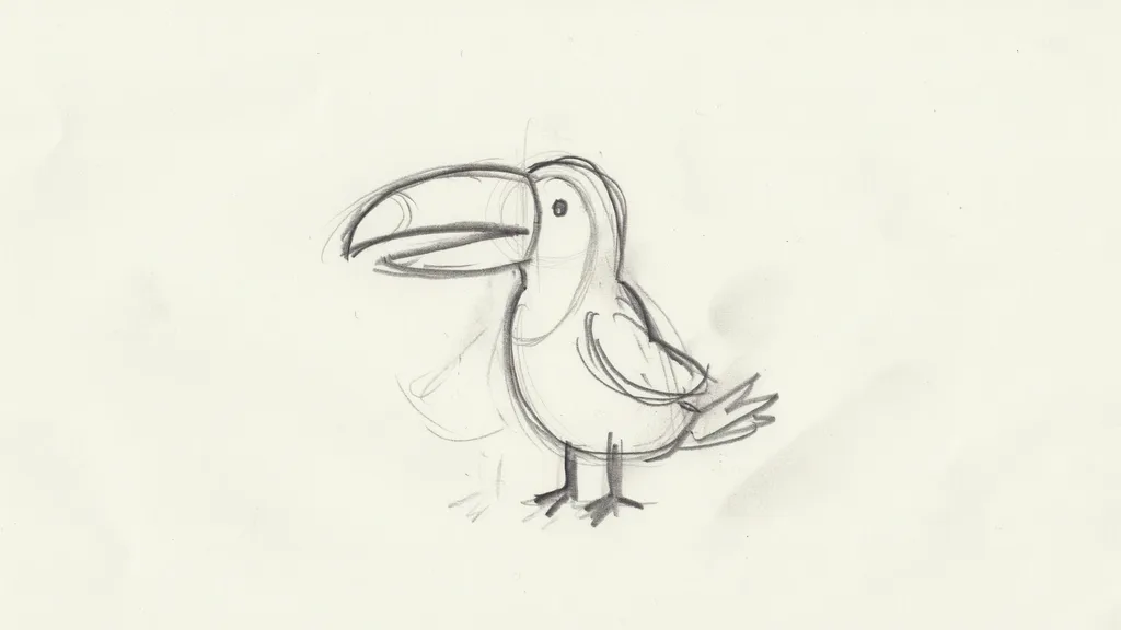 A hand drawn pencil sketch of a simple cartoon toucan with round body and large curved beak, showing rough lines and beginner friendly drawing style on paper.
