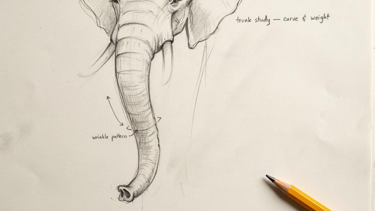 Drawing the curved trunk of an elephant.