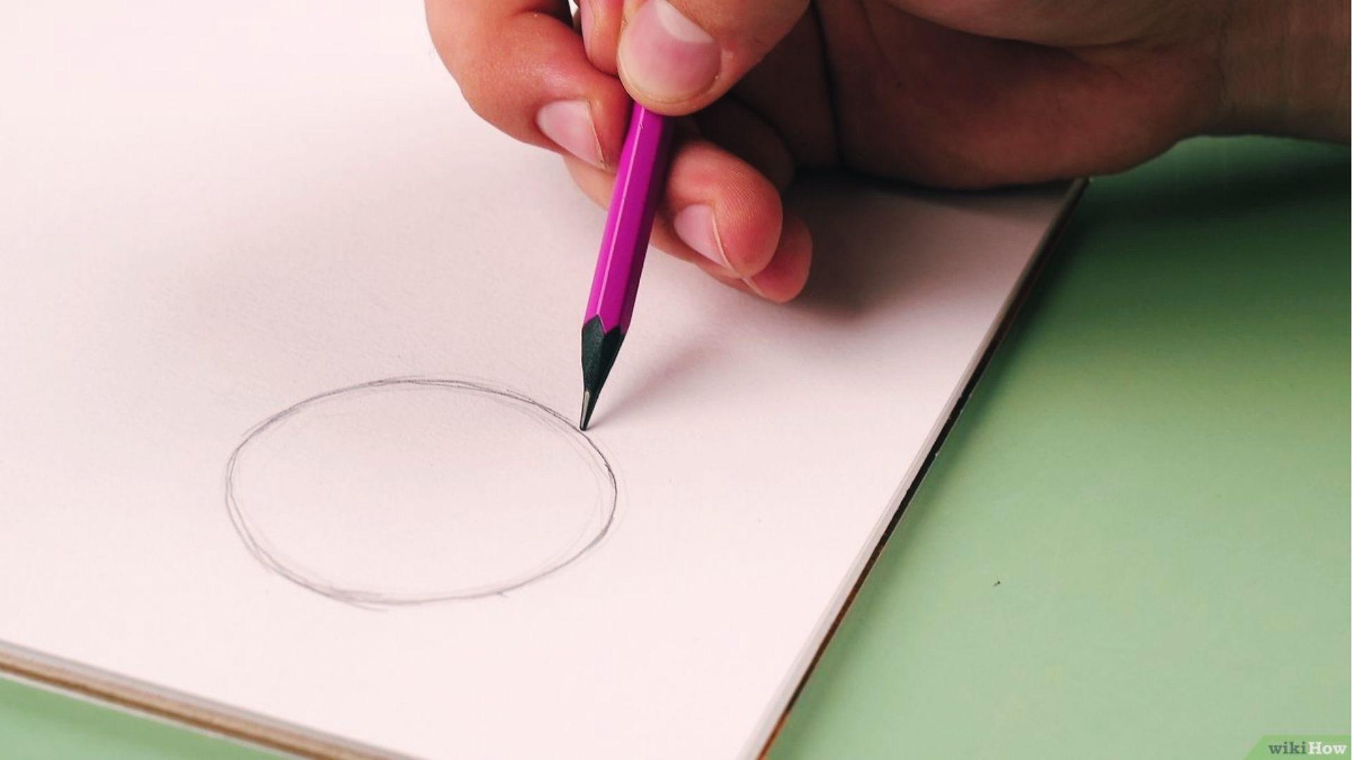 Hand draws circle outline with purple pencil on paper to begin firework shape sketch tutorial