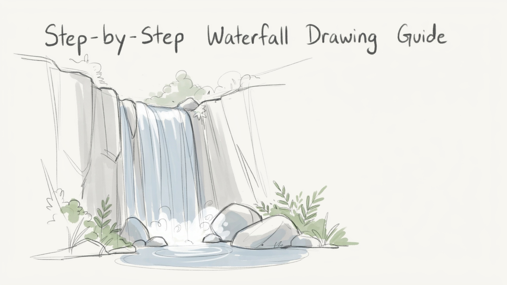 A partially completed waterfall drawing showing cliff, flowing water, rocks, and plants in a soft pencil sketch and watercolor tutorial style.