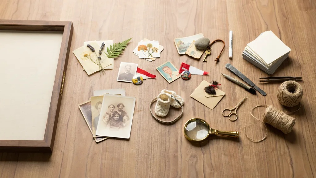 DIY shadow box assembly materials and keepsakes on a craft table.