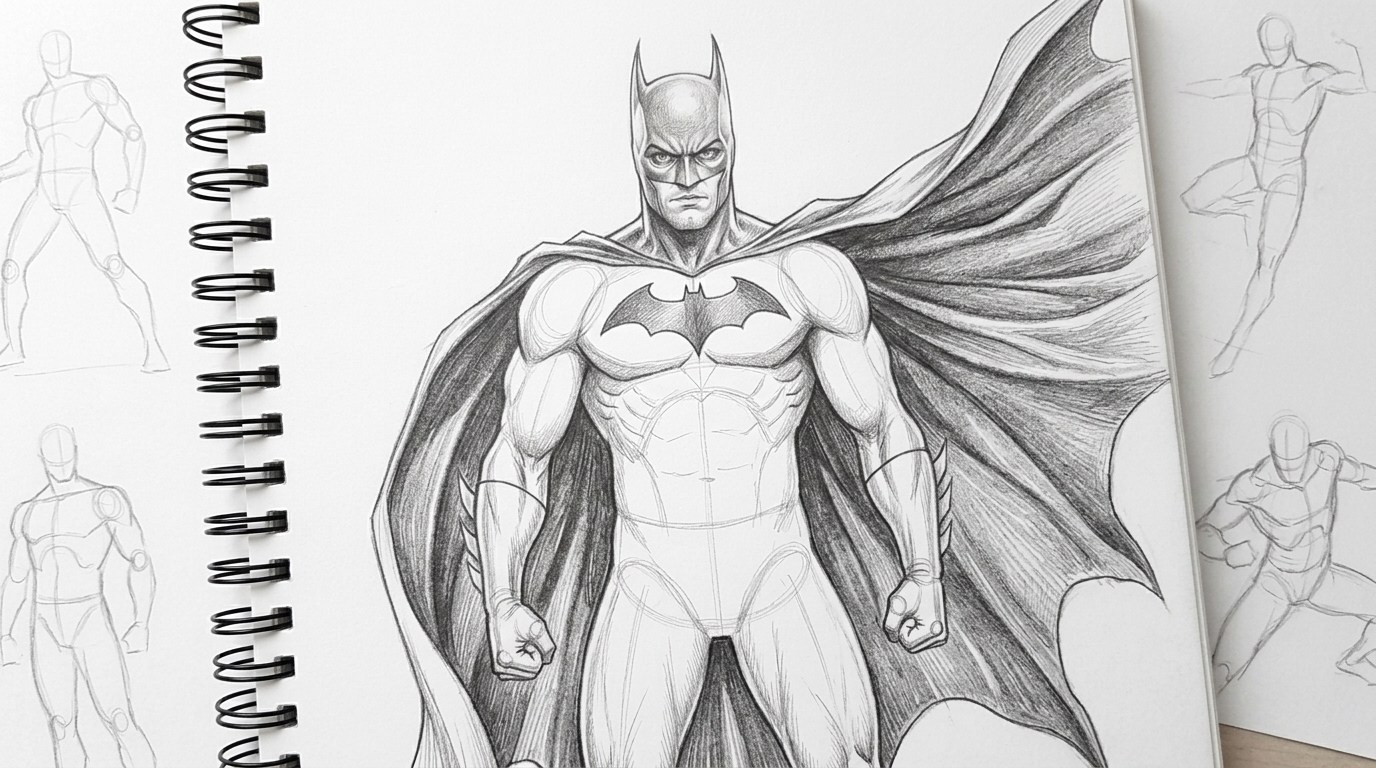 Batman character illustration showing his iconic mask, cape, suit, and superhero appearance.