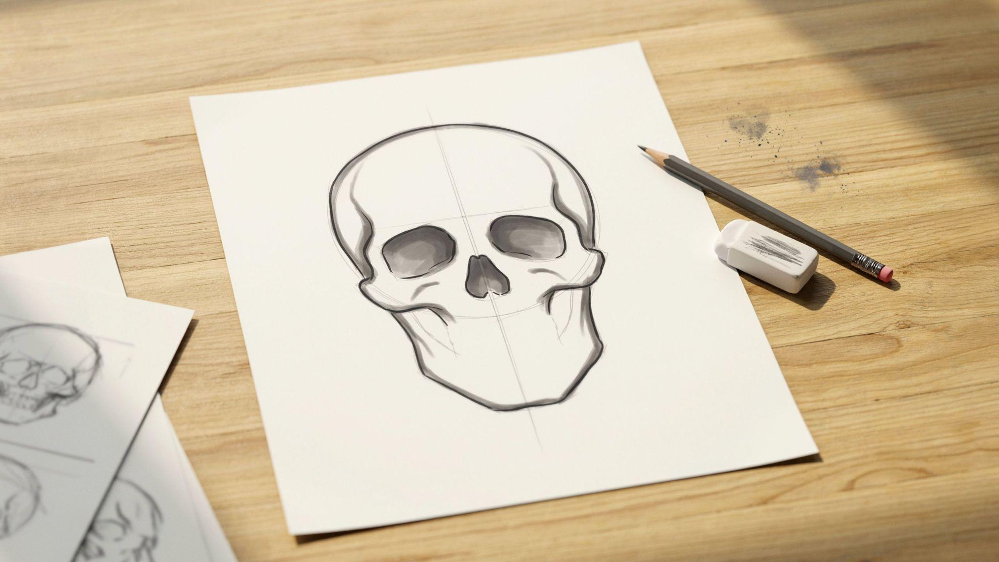 Pencil sketch of a skull using cross guidelines, with pencil and eraser on desk.