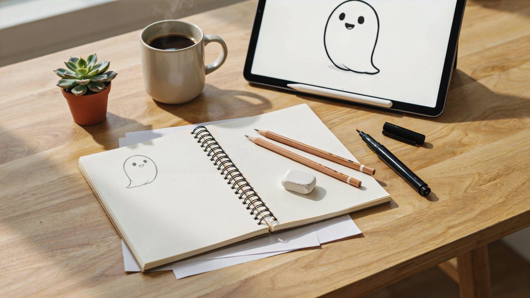 Organized drawing supplies and digital tools for creating cute ghost illustrations