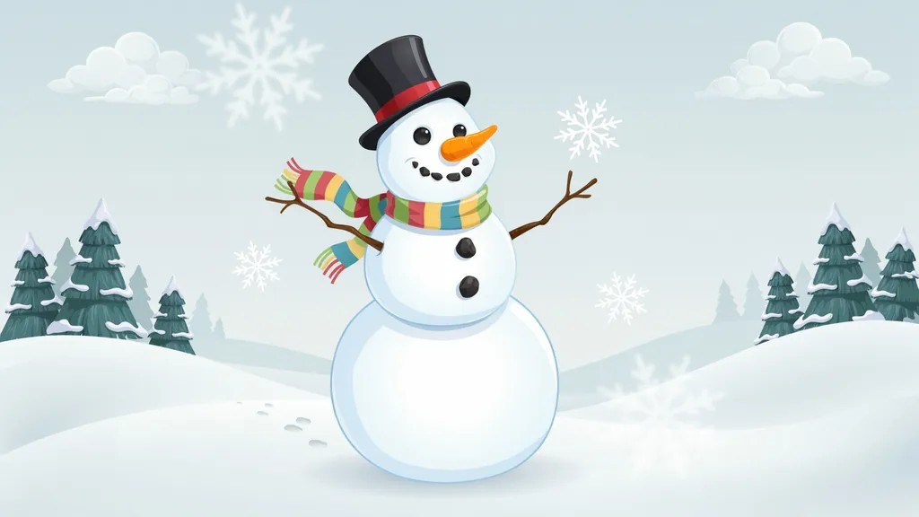 Frosty the Snowman standing in a snowy scene, fully colored cartoon illustration with hat, scarf, carrot nose, and twig arms
