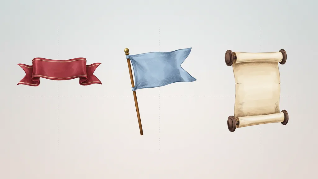 Different types of banner drawings including ribbon, flag, and scroll styles shown in a neat comparison layout.