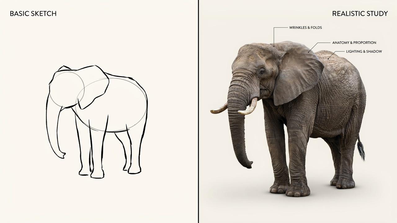 Comparison between basic and realistic elephant drawings.