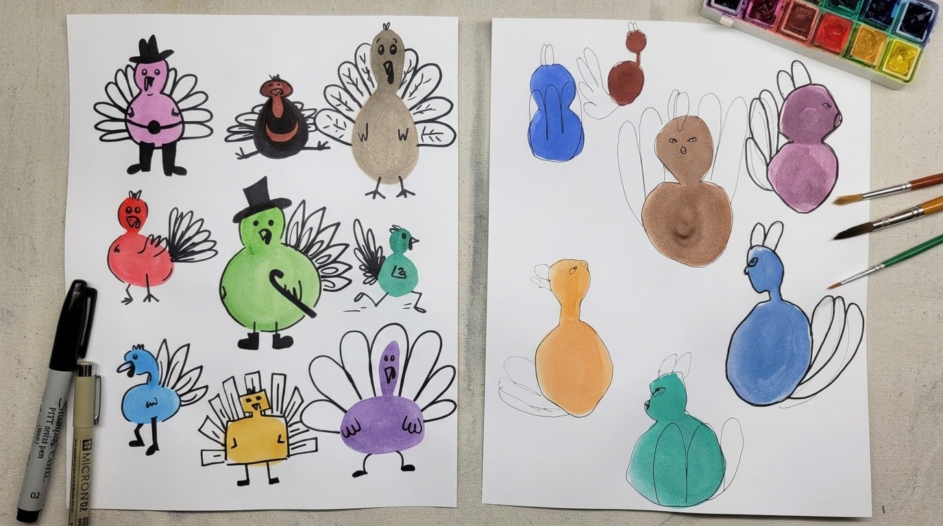 Multiple turkey drawings in different styles.