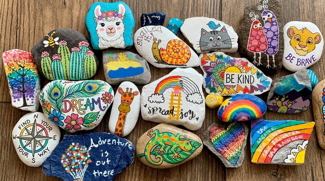 A collection of colorful painted rocks displayed on a wooden table, showcasing various artistic designs and patterns.