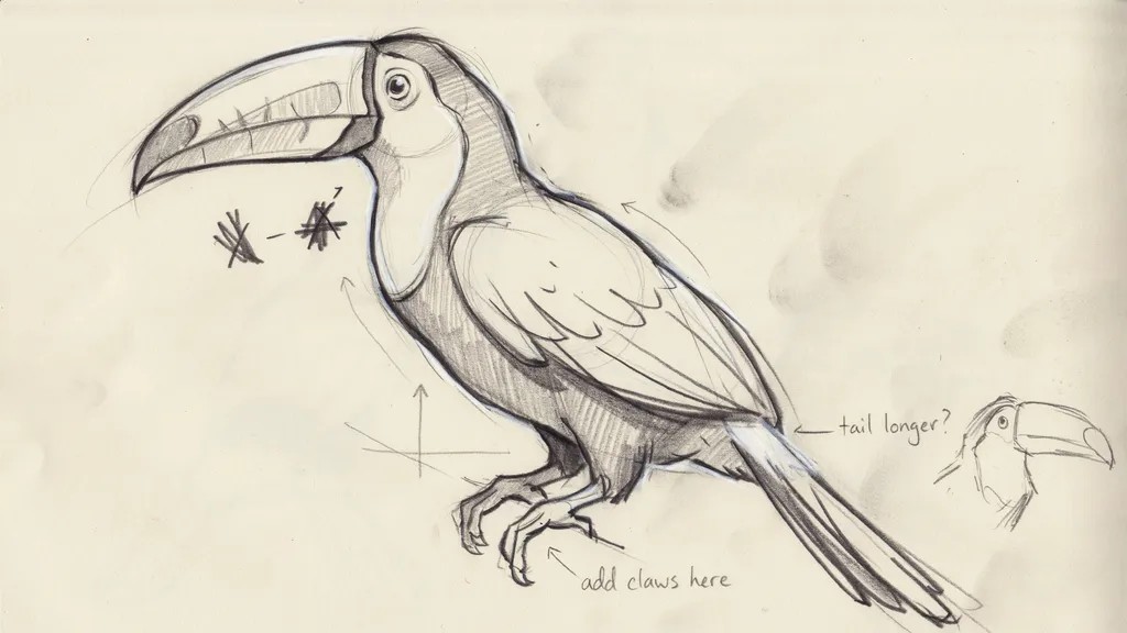 A toucan sketch with added claws, tail, and darker outline lines, showing refined details over rough pencil drawing in a simple beginner friendly style.