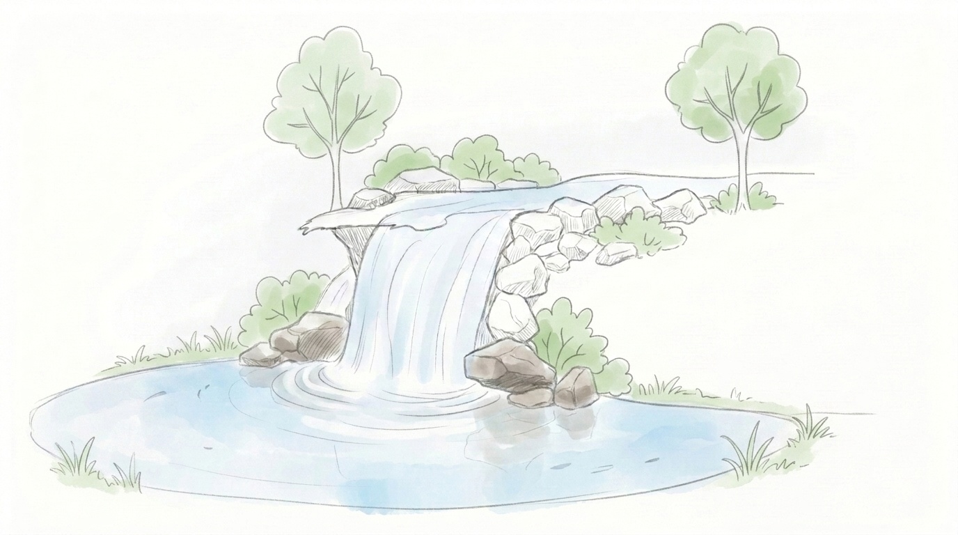 Simple trees and plants added around rocks and near the water.