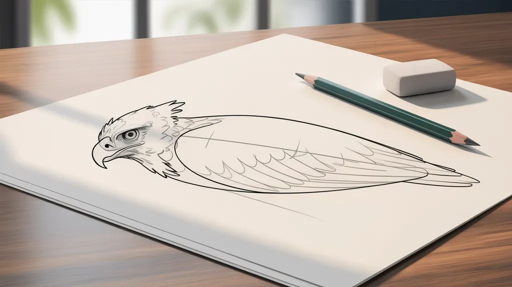 Harpy eagle sketch showing basic head and body shapes drawn with light pencil lines.