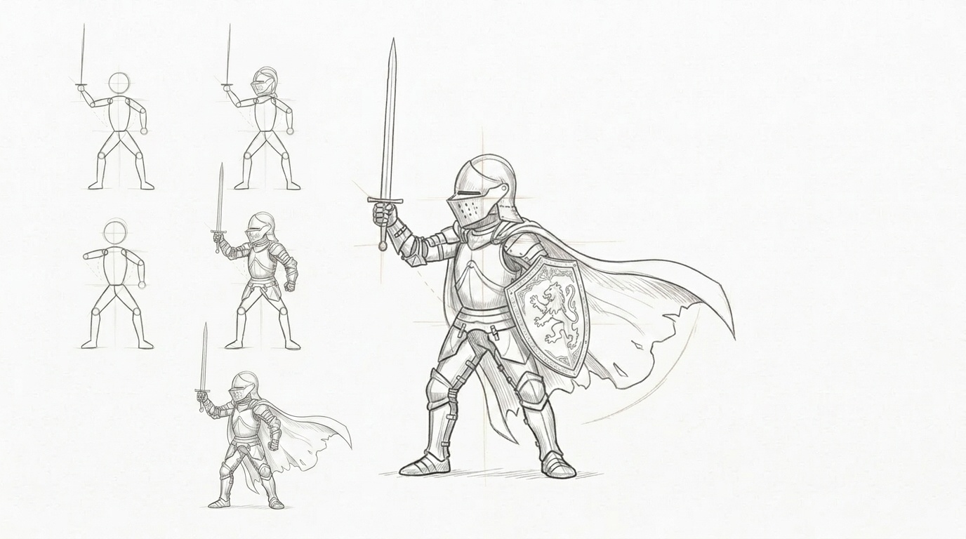 A full knight character sketch showing armor, helmet, sword, shield, and cape in a tutorial style.