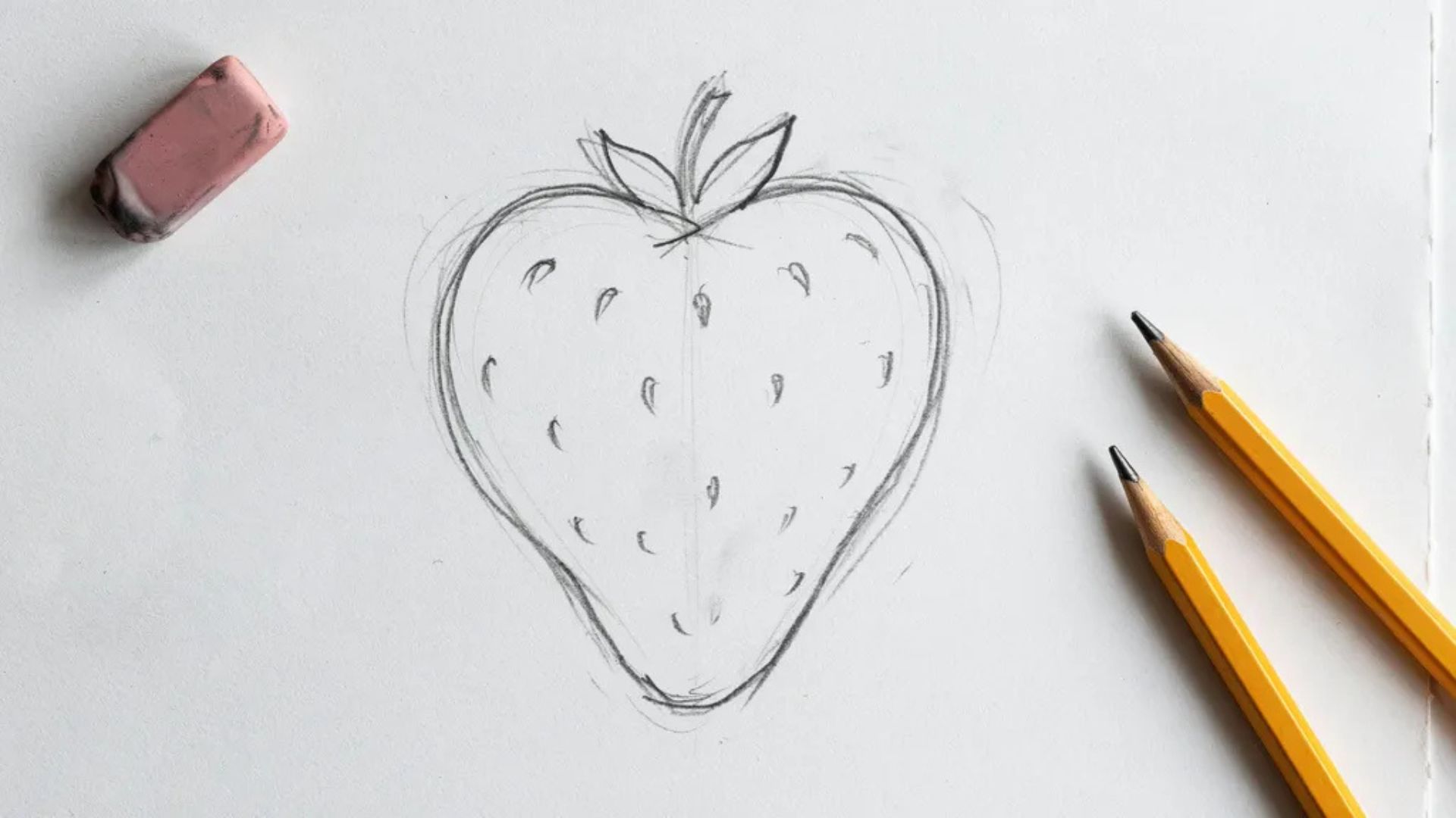 Simple strawberry outline lightly sketched with pencil on white paper.