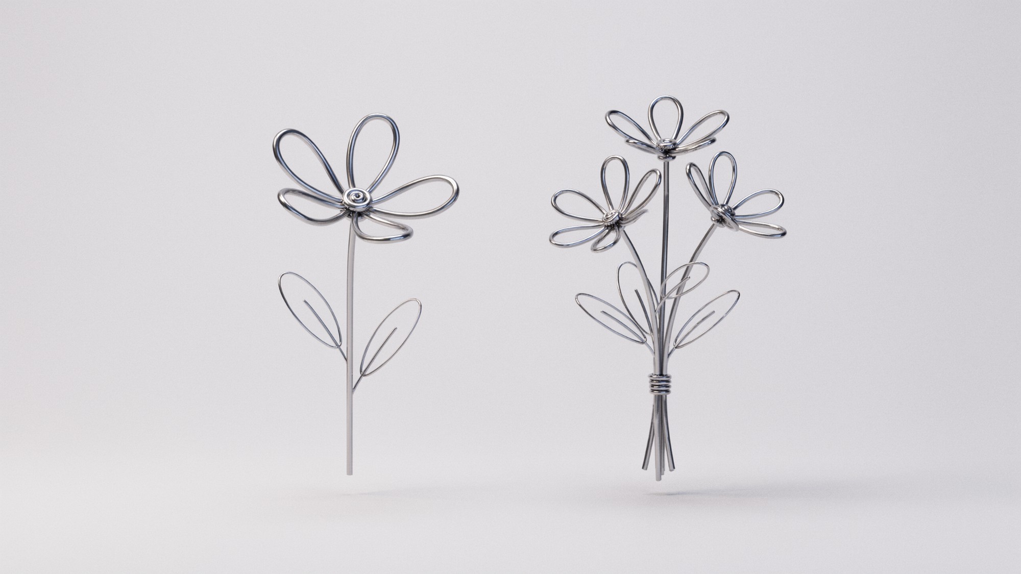 Wire flowers made from loops of metal wire with stems and leaves