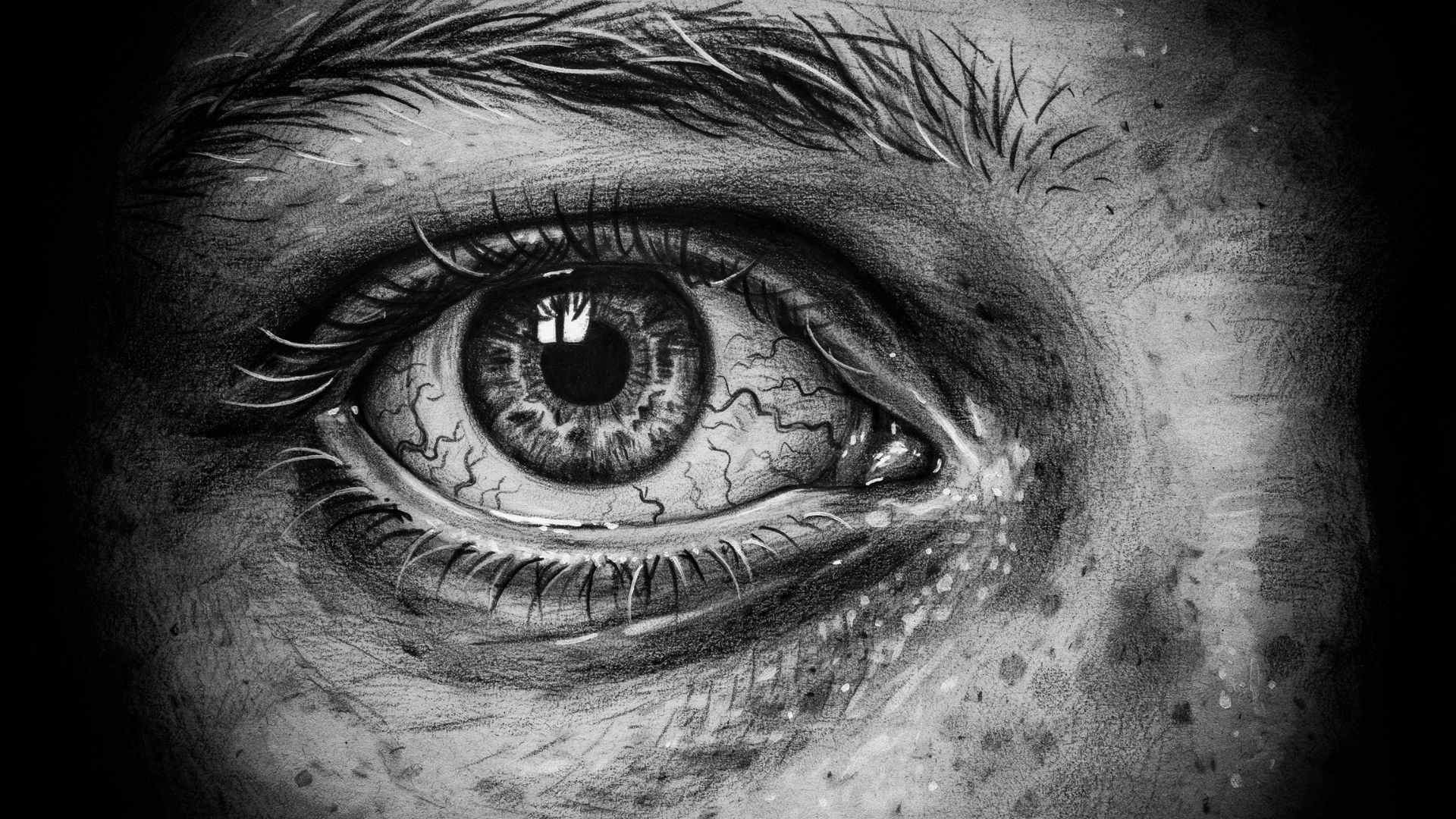 Large creepy eye drawing with dark circles, visible veins, and detailed shading around the eye socket.