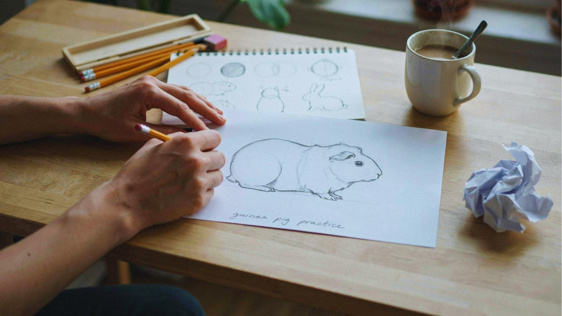 beginner drawing a guinea pig step by step using pencil and simple shapes on paper, showing easy sketching process and creative learning environment at home.