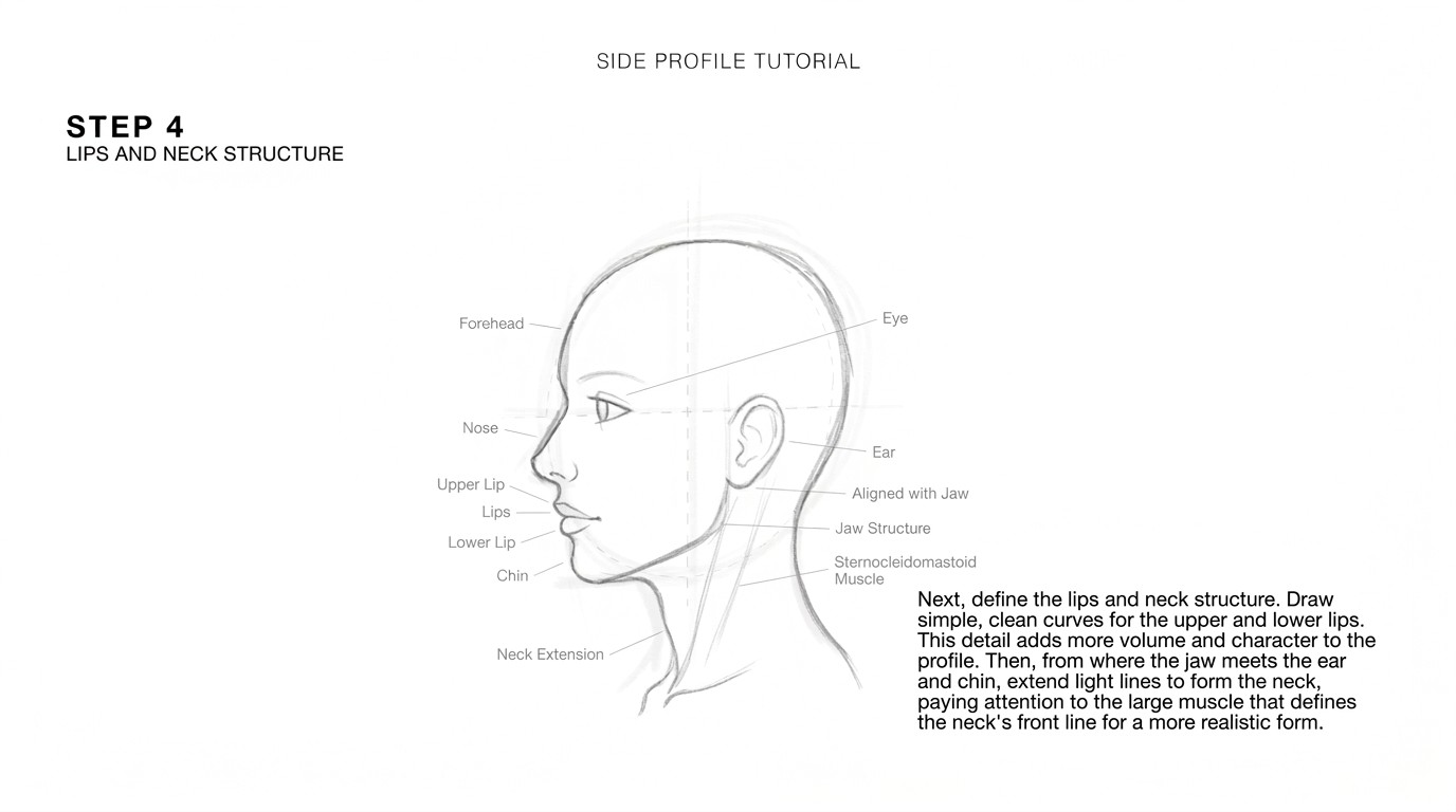 A side profile sketch showing lips and neck lines added to the face.