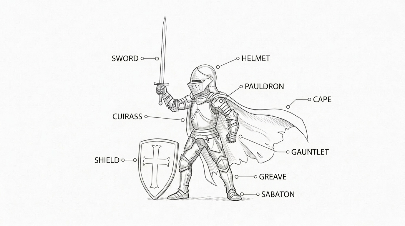 A medieval knight in armor holding a sword and shield in a simple educational illustration.