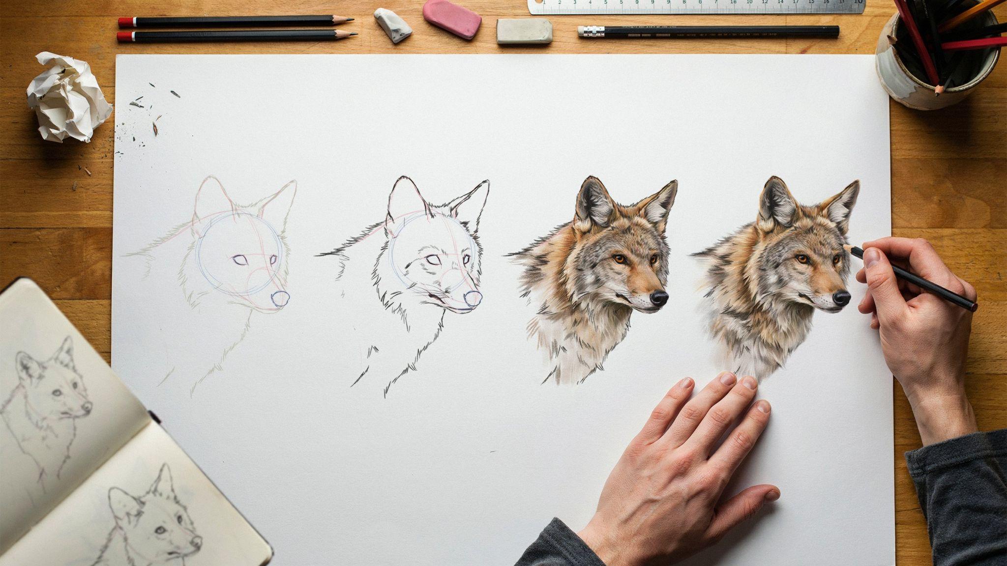 Easy step-by-step coyote drawing tutorial showing sketch progression for beginners.