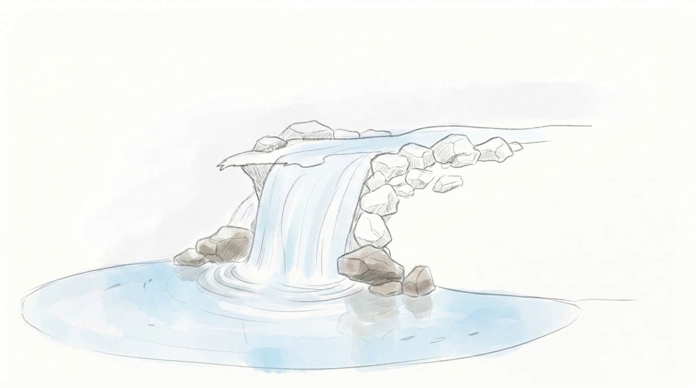 A water pool sketched at the bottom with gentle curved ripples.