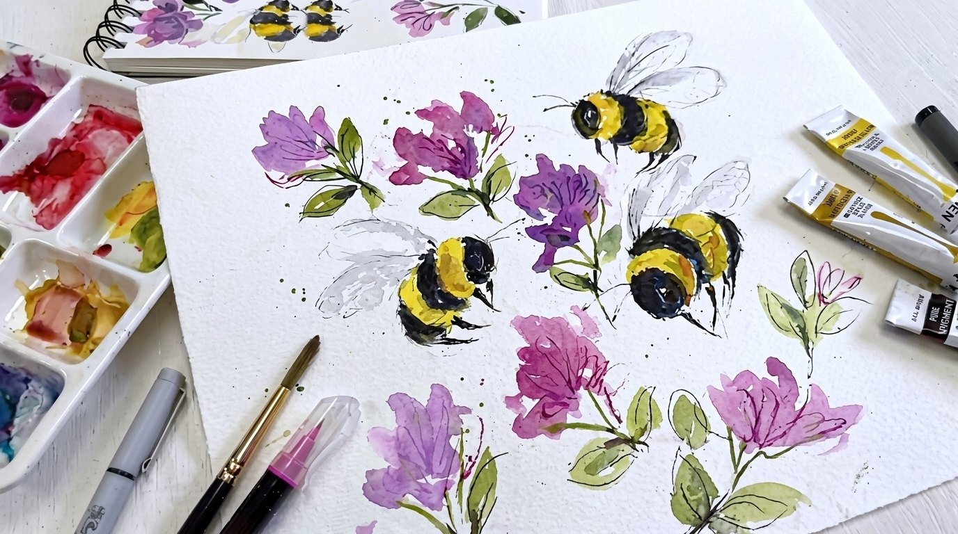 image showing watercolor bee painting.