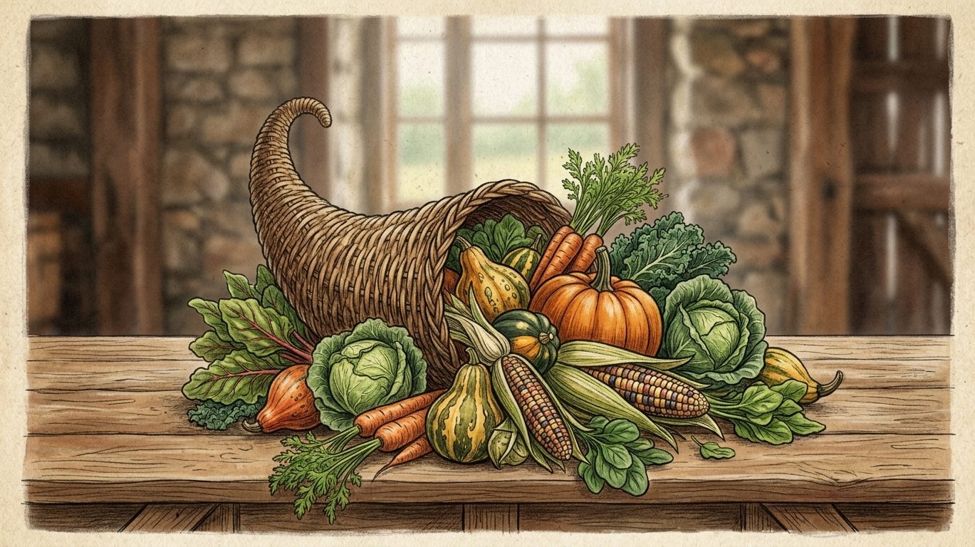 Cornucopia filled with fresh vegetables including carrots, pumpkins, corn, squash, and leafy greens.