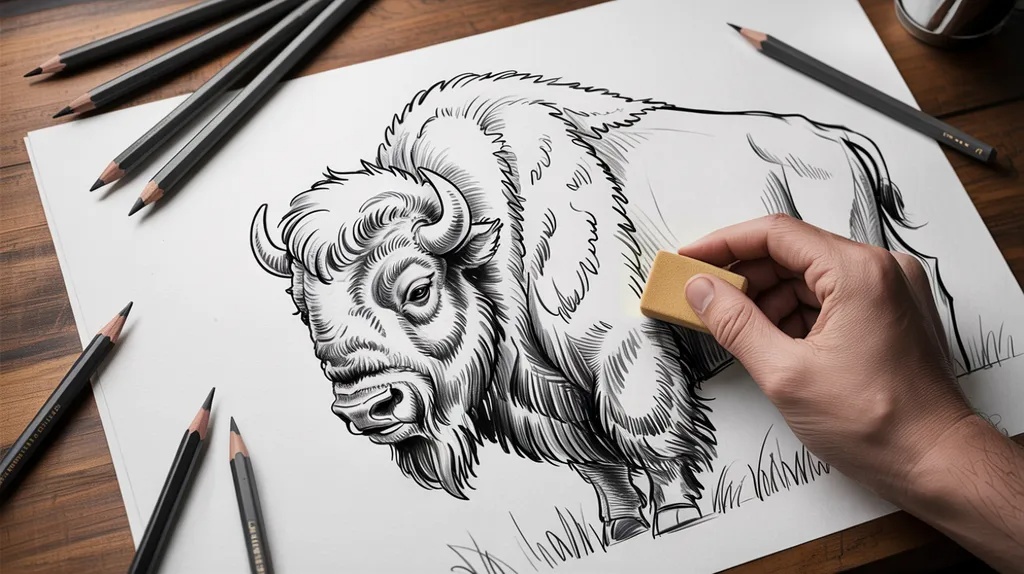 Hand erasing guide lines from a bison sketch while refining clean pencil details.