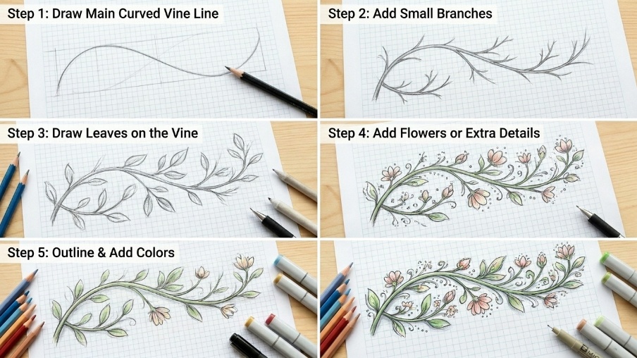 Vines Drawing: Easy Step-by-Step Tutorial Step-by-step transformation of a vine drawing from basic sketch to detailed leafy and floral design.