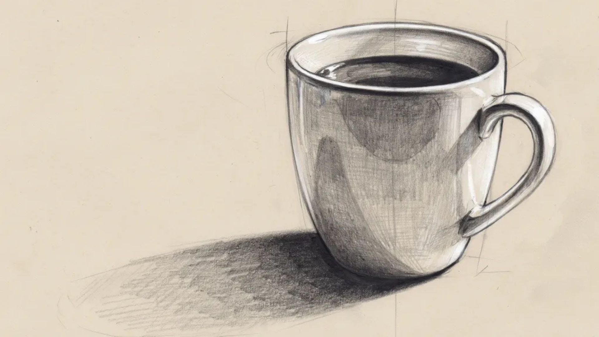 Coffee cup drawing with highlights and shadows creating depth.