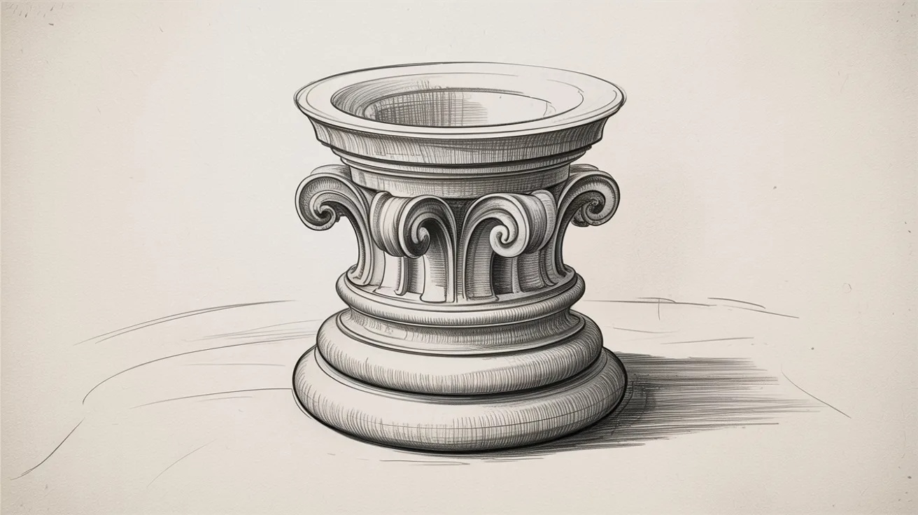 Renaissance-style pencil sketch of ornate classical column capital with spiral carvings, circular base, and detailed architectural shading.
