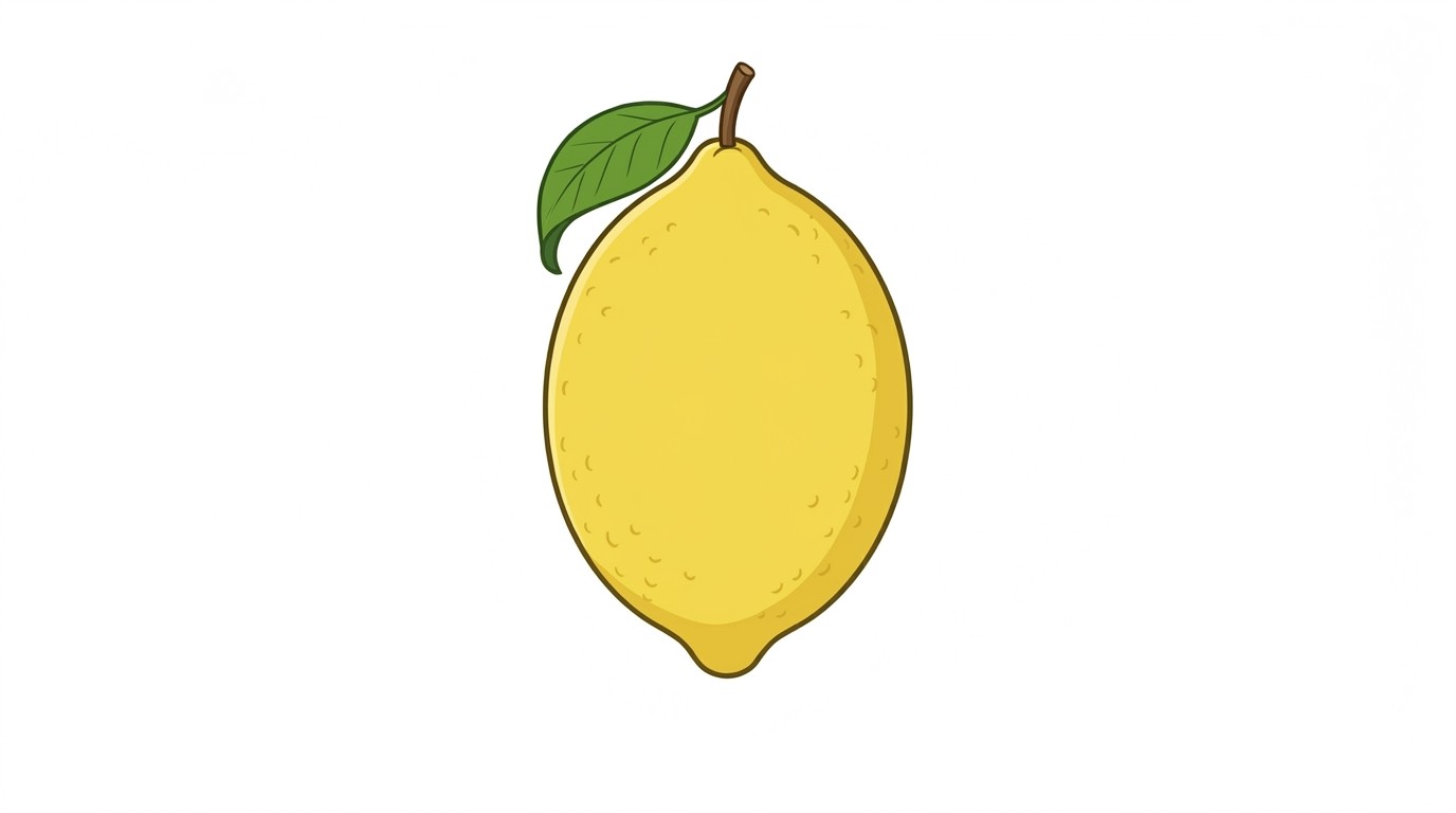 A simple illustration of a lemon showing its oval shape, stem, and leaf.