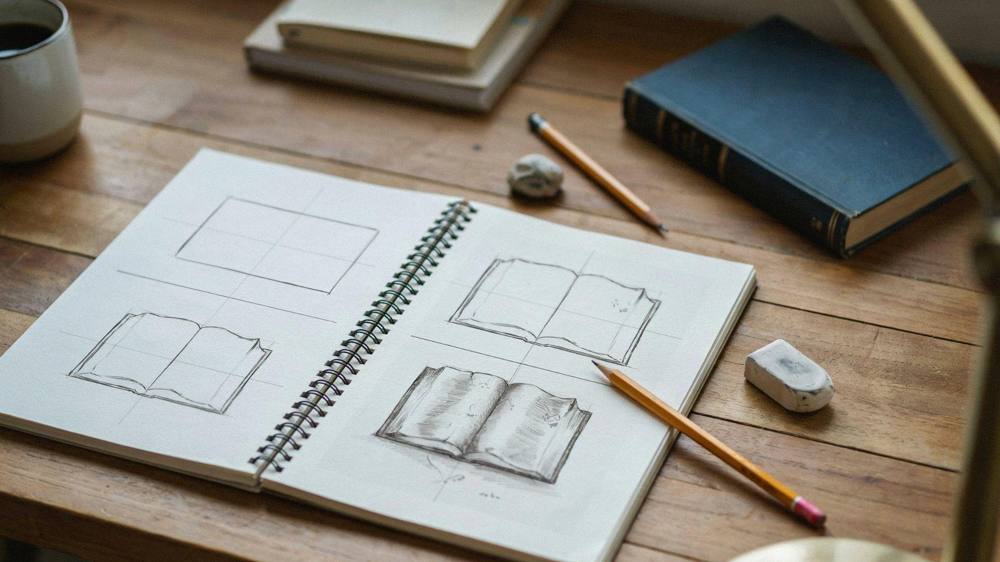 Step-by-step beginner sketch of a book drawing on a clean desk workspace