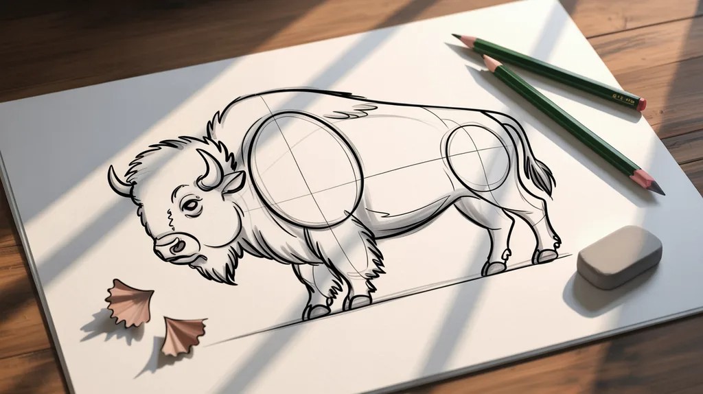 Basic bison body sketch made from simple ovals and guide shapes on paper.