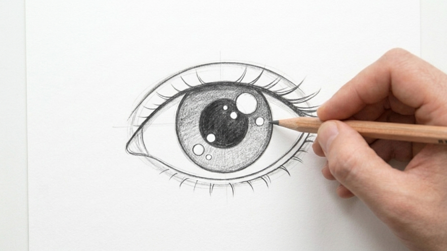 Cartoon eye drawing with curved eyelids and simple eyelashes added, showing how facial details enhance expression.