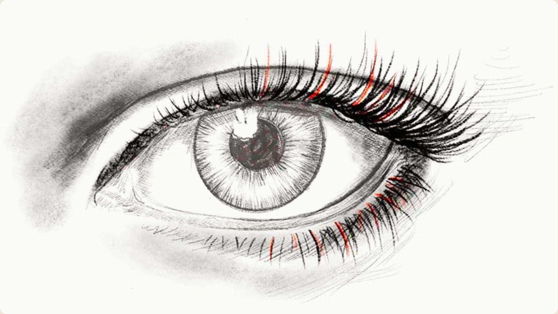 Detailed pencil sketch of a realistic eye with long, layered upper eyelashes highlighted in red