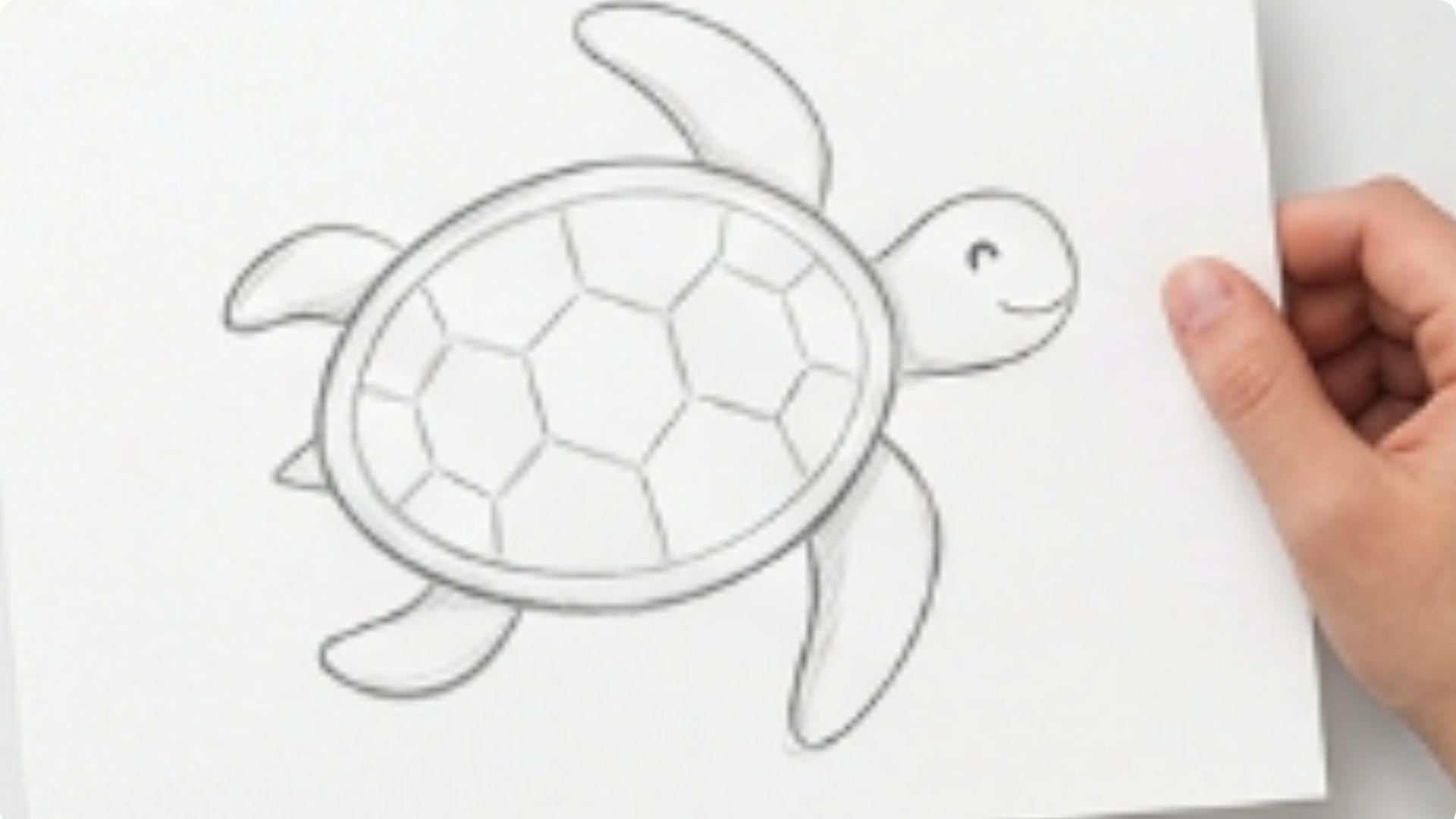Simple eyes and a curved mouth are added to complete the sea turtle face in a beginner step-by-step drawing guide.