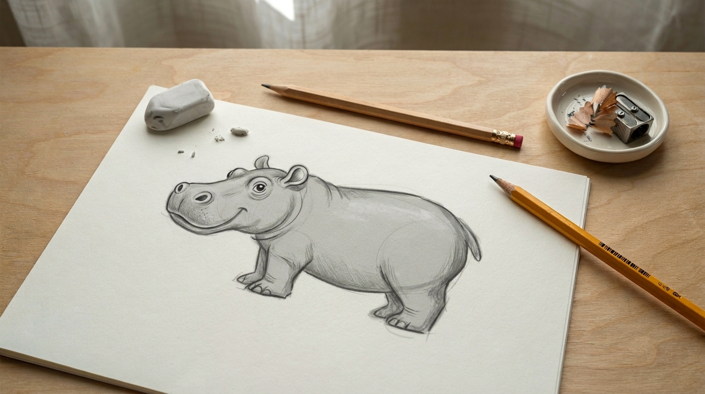 Hippo face sketch with eyes ears and nostrils added in simple proportions