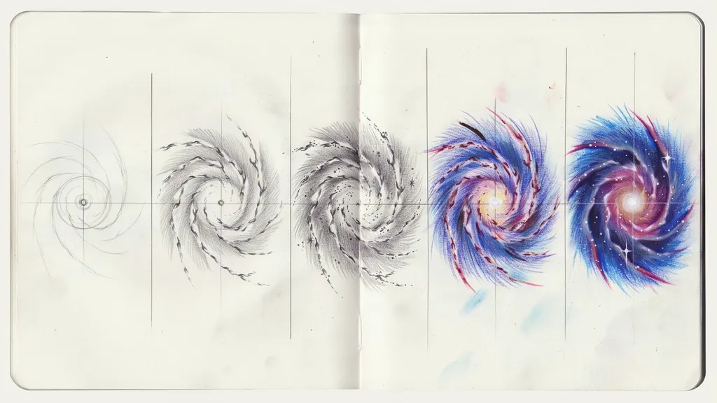 A five-panel step-by-step drawing tutorial showing a spiral galaxy progressing from a basic spiral sketch to a vibrant galaxy with swirling arms, glowing colors, and scattered stars.