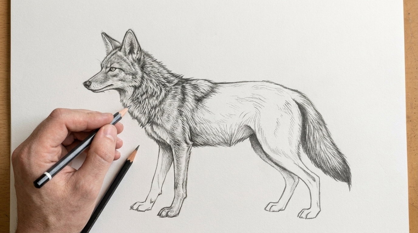 Refined coyote outline enhanced with realistic fur texture and detail.