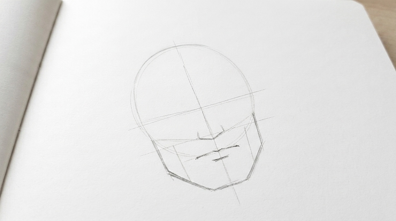 Drawing Batman’s basic head shape with guidelines for an easy sketch.