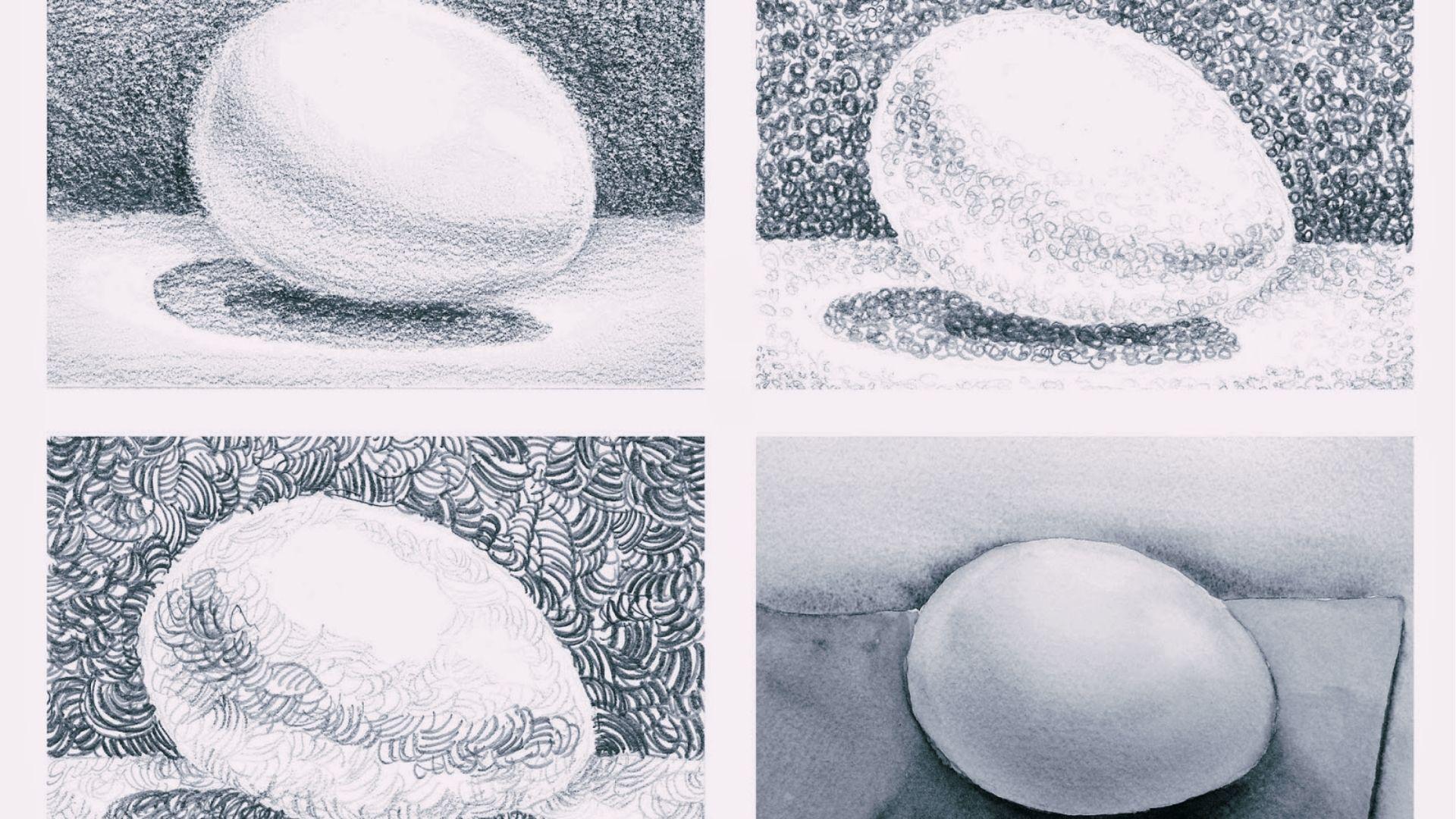 Four pencil egg sketches showing shading, stippling, crosshatch, and watercolor style techniques