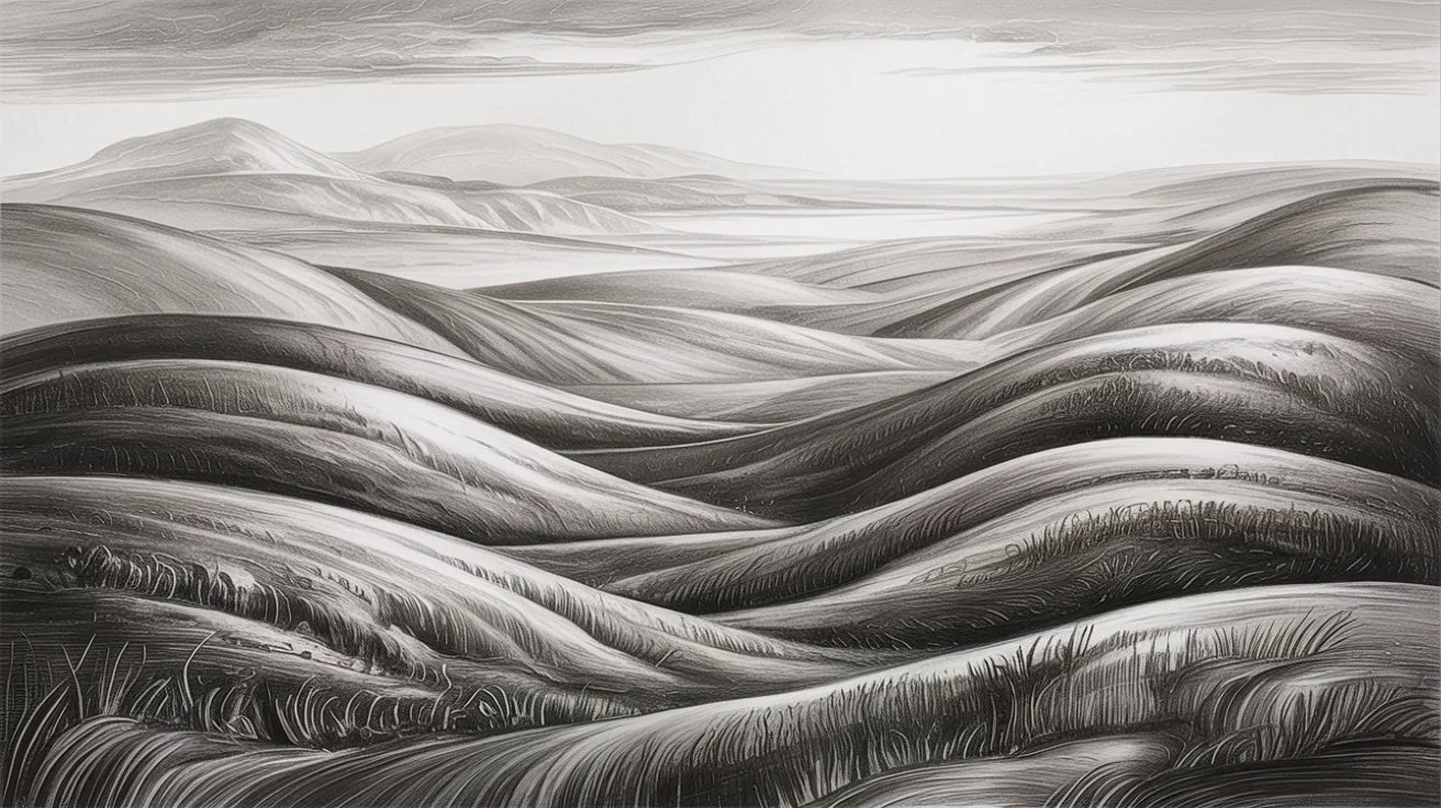 Renaissance-style landscape sketch of rolling hills and distant mountains with dramatic shadows and atmospheric depth.